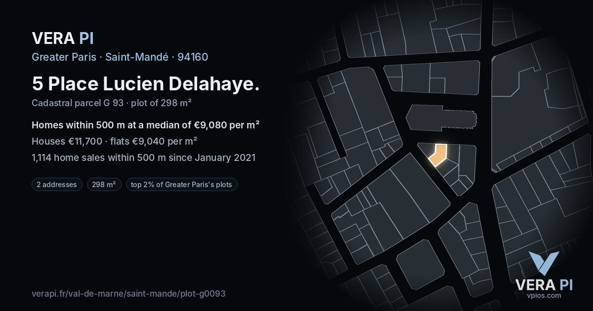5 Place Lucien Delahaye, Saint-Mandé at night – the plot lit, the parcels around coloured by the prices near them