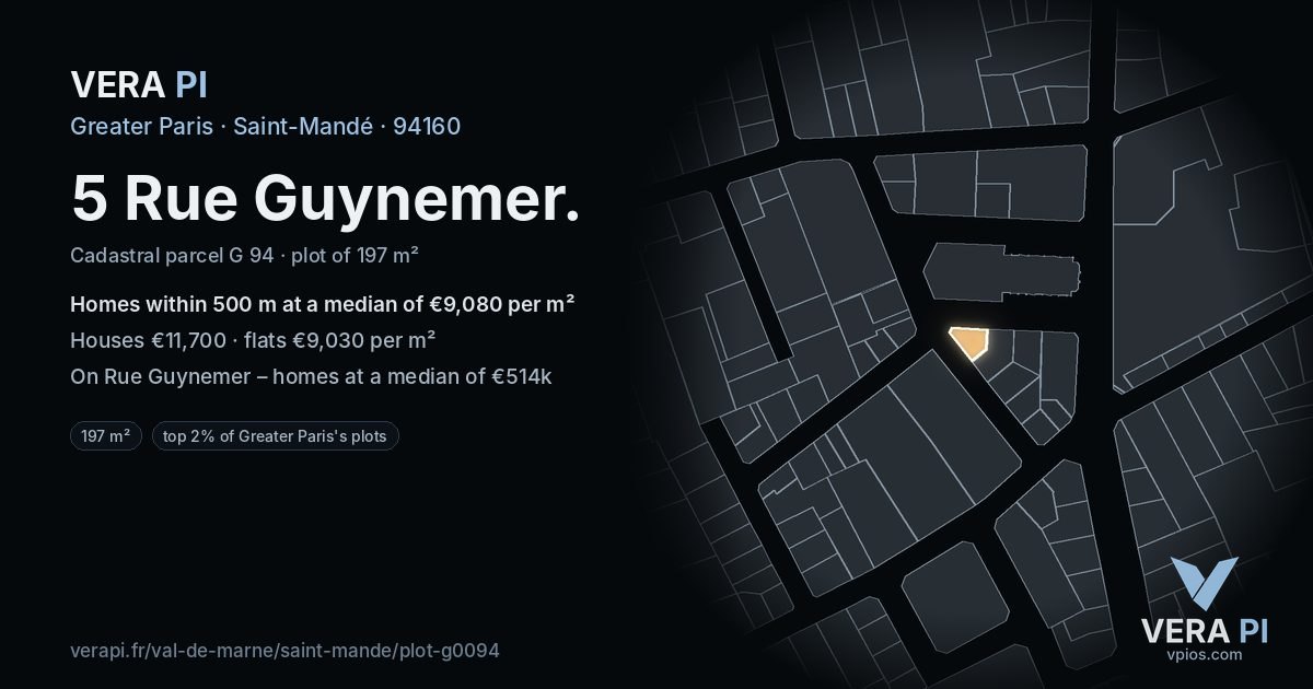 5 Rue Guynemer, Saint-Mandé at night – the plot lit, the parcels around coloured by the prices near them