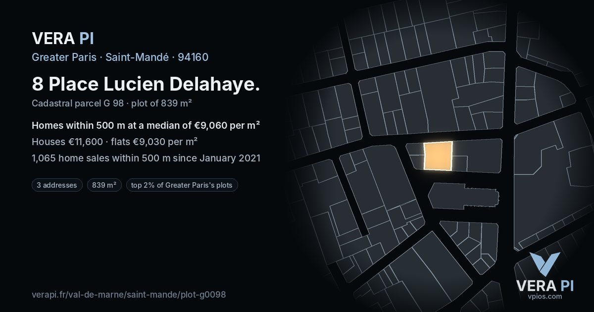 8 Place Lucien Delahaye, Saint-Mandé at night – the plot lit, the parcels around coloured by the prices near them