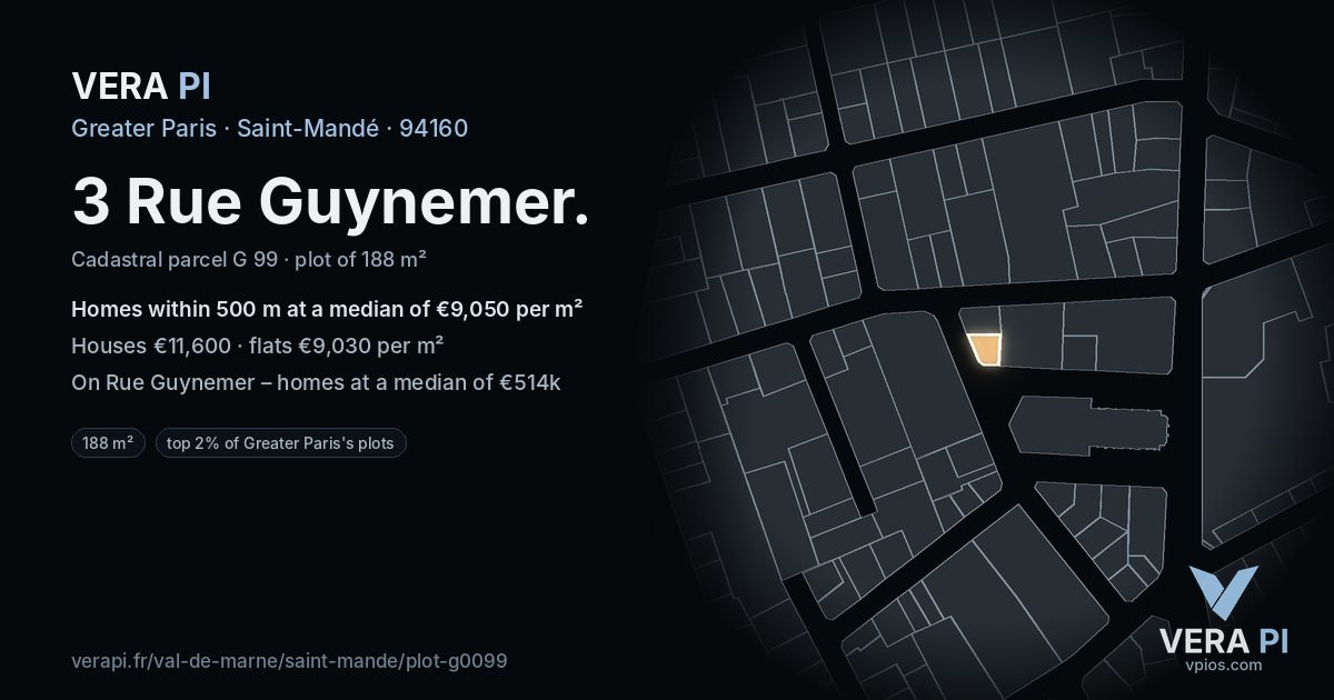 3 Rue Guynemer, Saint-Mandé at night – the plot lit, the parcels around coloured by the prices near them