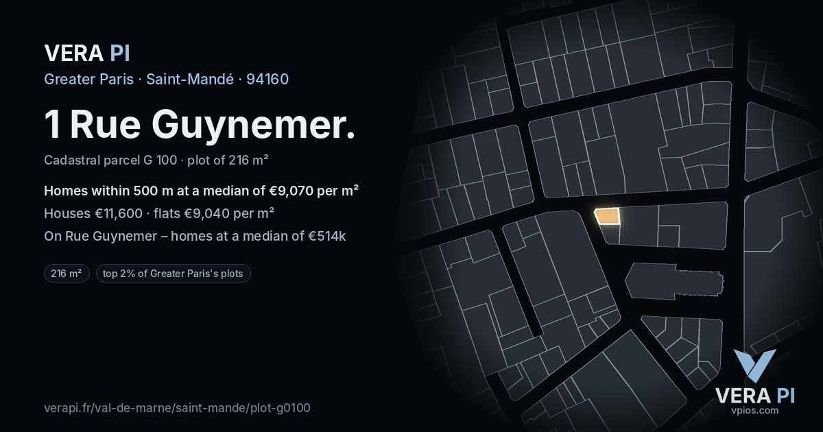 1 Rue Guynemer, Saint-Mandé at night – the plot lit, the parcels around coloured by the prices near them
