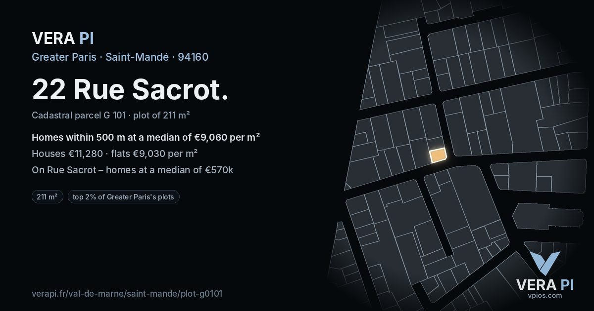 22 Rue Sacrot, Saint-Mandé at night – the plot lit, the parcels around coloured by the prices near them
