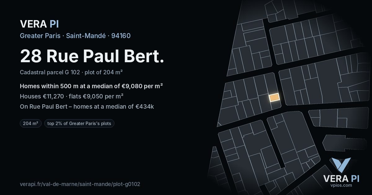 28 Rue Paul Bert, Saint-Mandé at night – the plot lit, the parcels around coloured by the prices near them