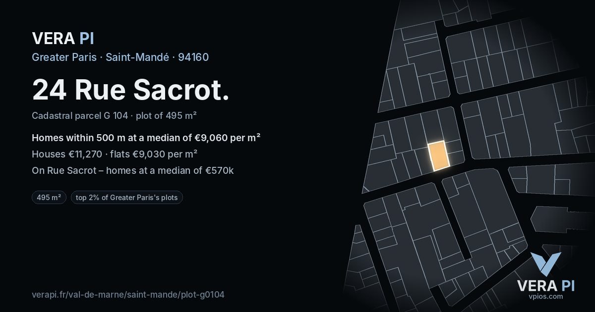 24 Rue Sacrot, Saint-Mandé at night – the plot lit, the parcels around coloured by the prices near them