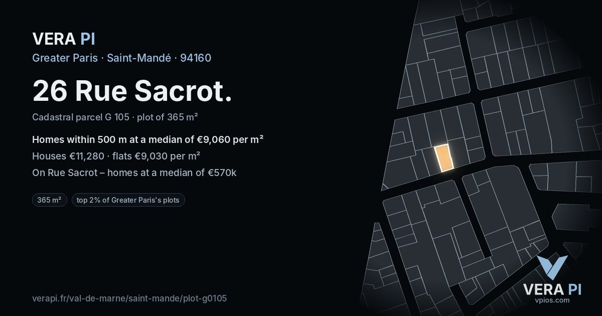 26 Rue Sacrot, Saint-Mandé at night – the plot lit, the parcels around coloured by the prices near them
