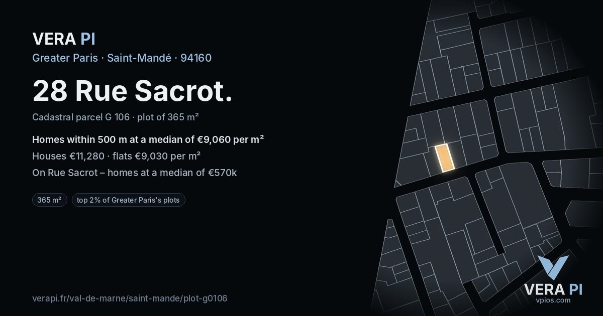 28 Rue Sacrot, Saint-Mandé at night – the plot lit, the parcels around coloured by the prices near them