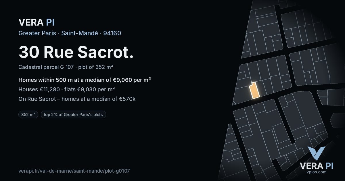 30 Rue Sacrot, Saint-Mandé at night – the plot lit, the parcels around coloured by the prices near them