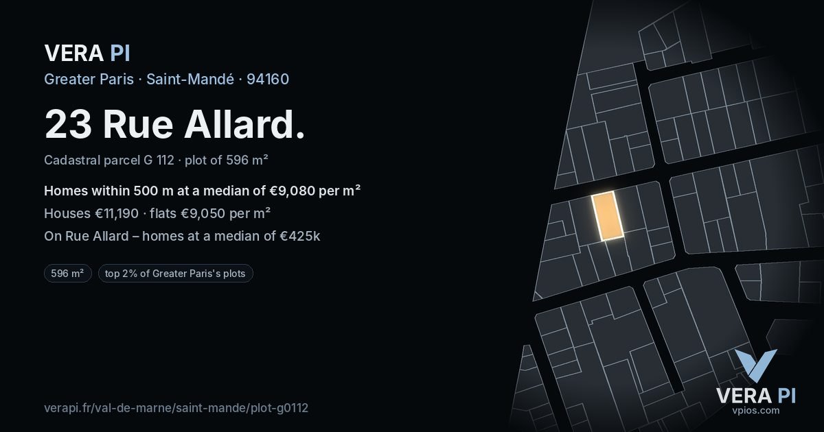 23 Rue Allard, Saint-Mandé at night – the plot lit, the parcels around coloured by the prices near them