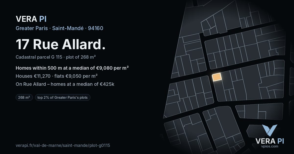17 Rue Allard, Saint-Mandé at night – the plot lit, the parcels around coloured by the prices near them