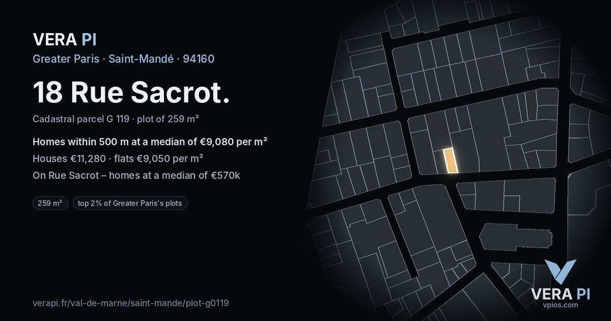 18 Rue Sacrot, Saint-Mandé at night – the plot lit, the parcels around coloured by the prices near them
