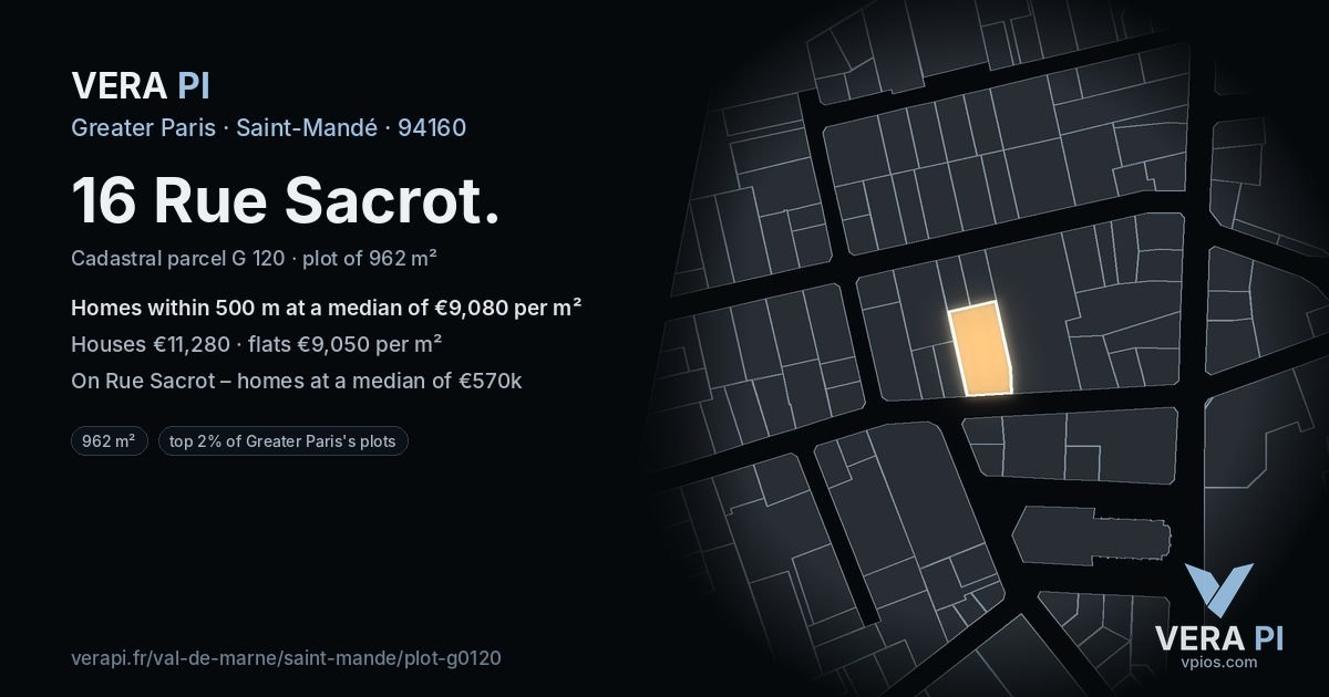 16 Rue Sacrot, Saint-Mandé at night – the plot lit, the parcels around coloured by the prices near them