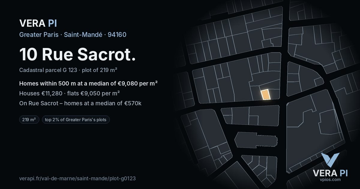 10 Rue Sacrot, Saint-Mandé at night – the plot lit, the parcels around coloured by the prices near them