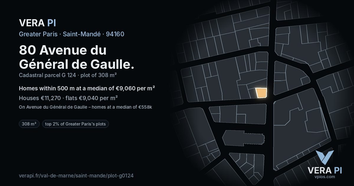 80 Avenue du Général de Gaulle, Saint-Mandé at night – the plot lit, the parcels around coloured by the prices near them