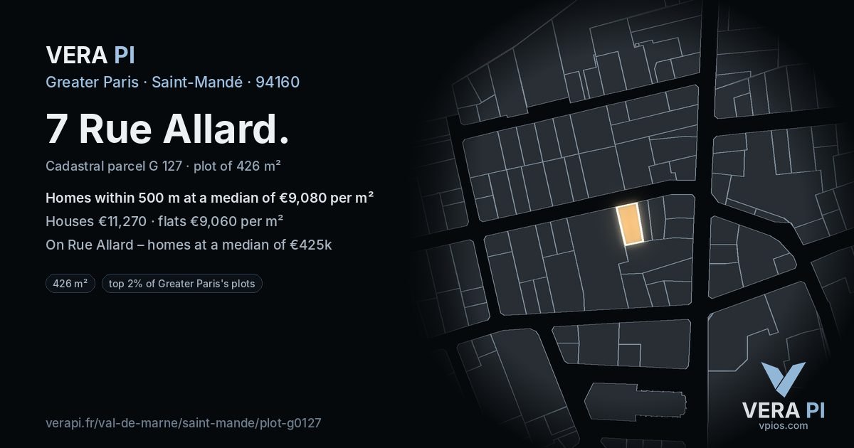 7 Rue Allard, Saint-Mandé at night – the plot lit, the parcels around coloured by the prices near them