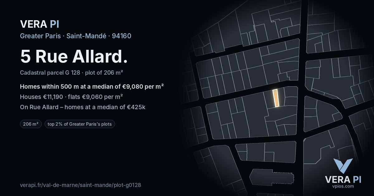 5 Rue Allard, Saint-Mandé at night – the plot lit, the parcels around coloured by the prices near them
