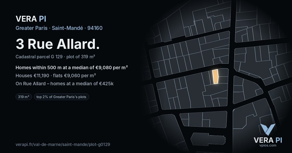 3 Rue Allard, Saint-Mandé at night – the plot lit, the parcels around coloured by the prices near them