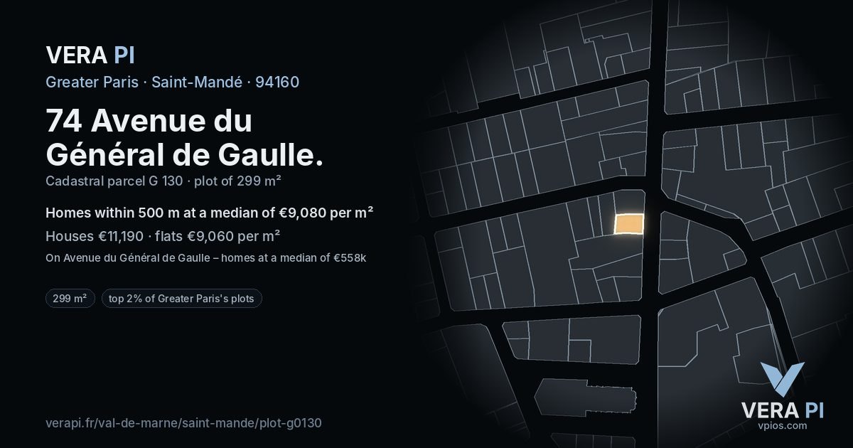 74 Avenue du Général de Gaulle, Saint-Mandé at night – the plot lit, the parcels around coloured by the prices near them