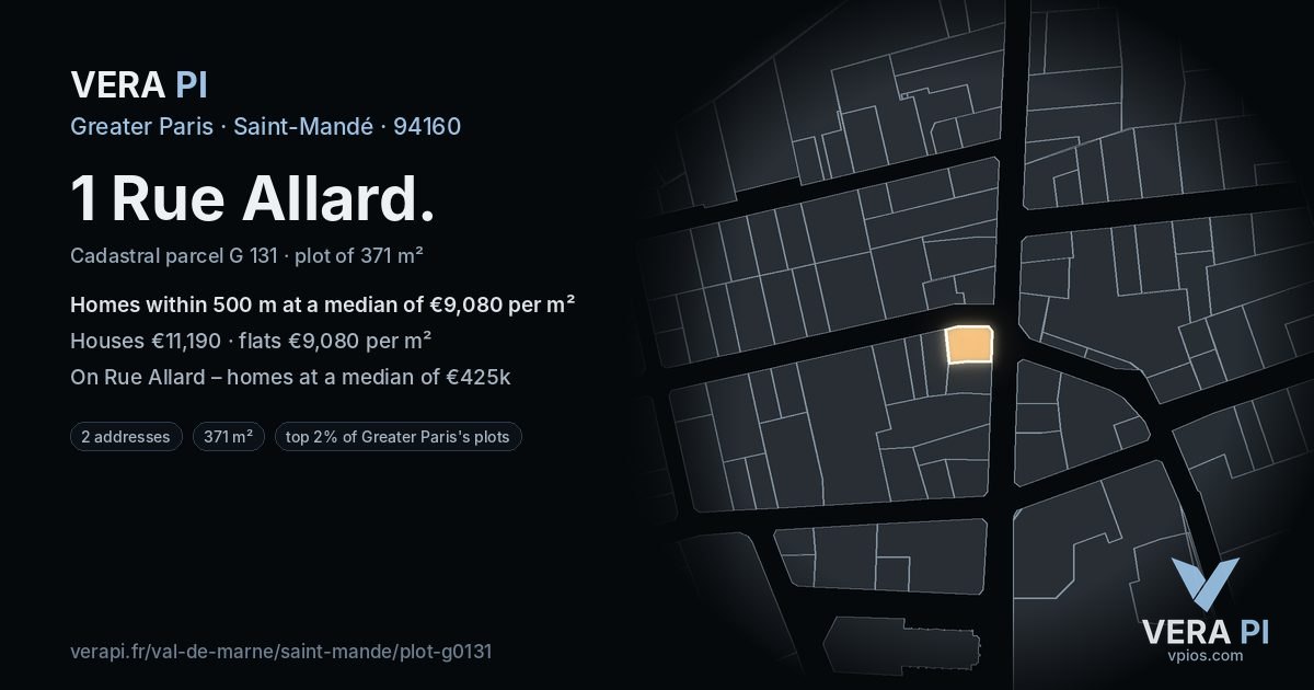 1 Rue Allard, Saint-Mandé at night – the plot lit, the parcels around coloured by the prices near them