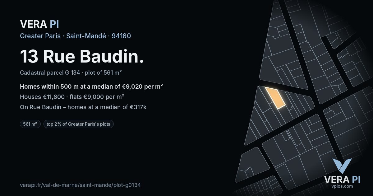 13 Rue Baudin, Saint-Mandé at night – the plot lit, the parcels around coloured by the prices near them