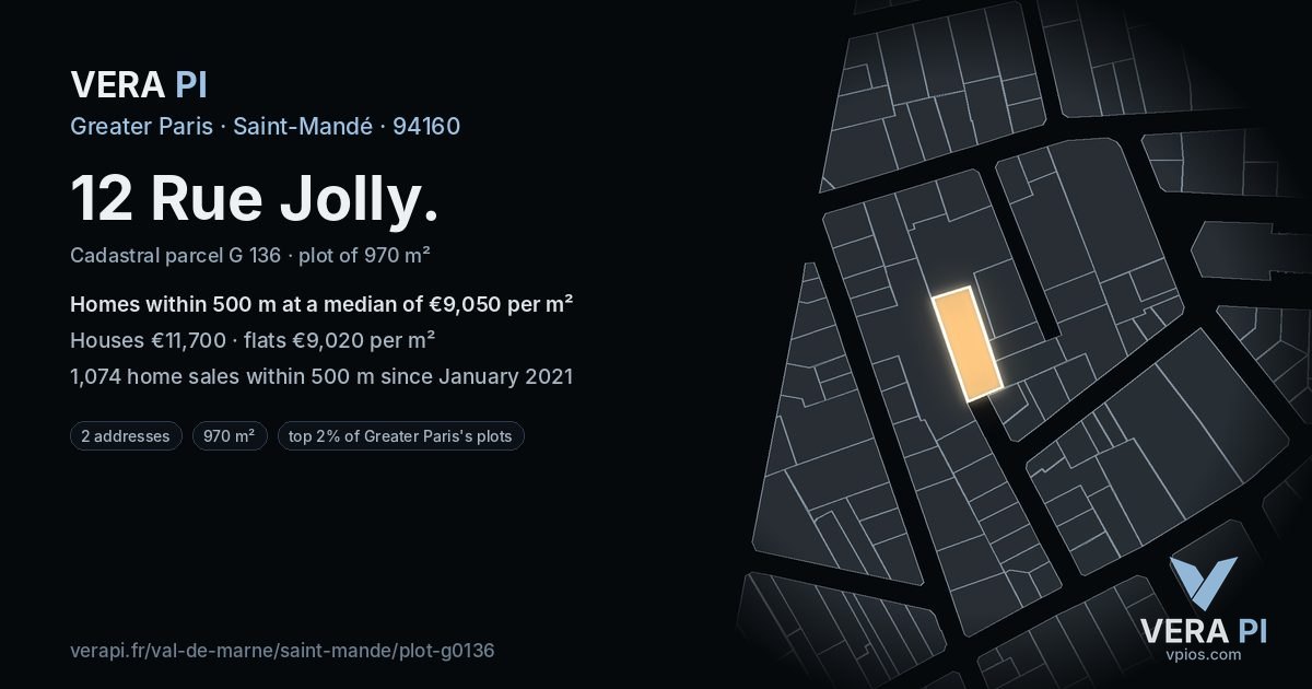 12 Rue Jolly, Saint-Mandé at night – the plot lit, the parcels around coloured by the prices near them