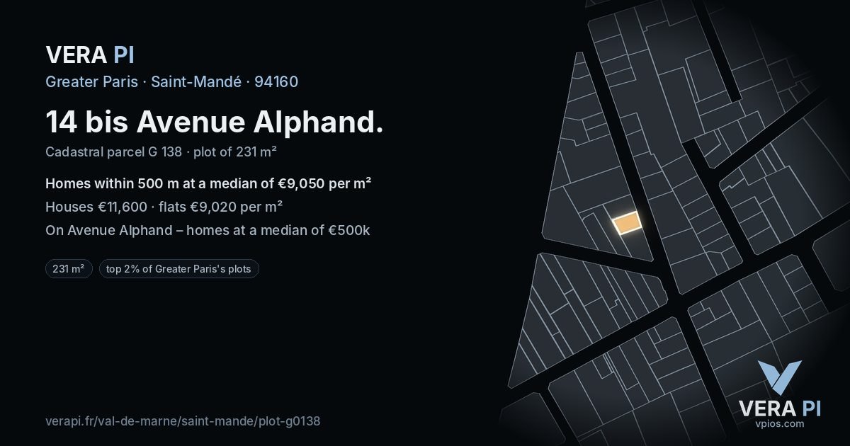 14 bis Avenue Alphand, Saint-Mandé at night – the plot lit, the parcels around coloured by the prices near them
