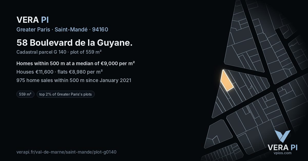58 Boulevard de la Guyane, Saint-Mandé at night – the plot lit, the parcels around coloured by the prices near them