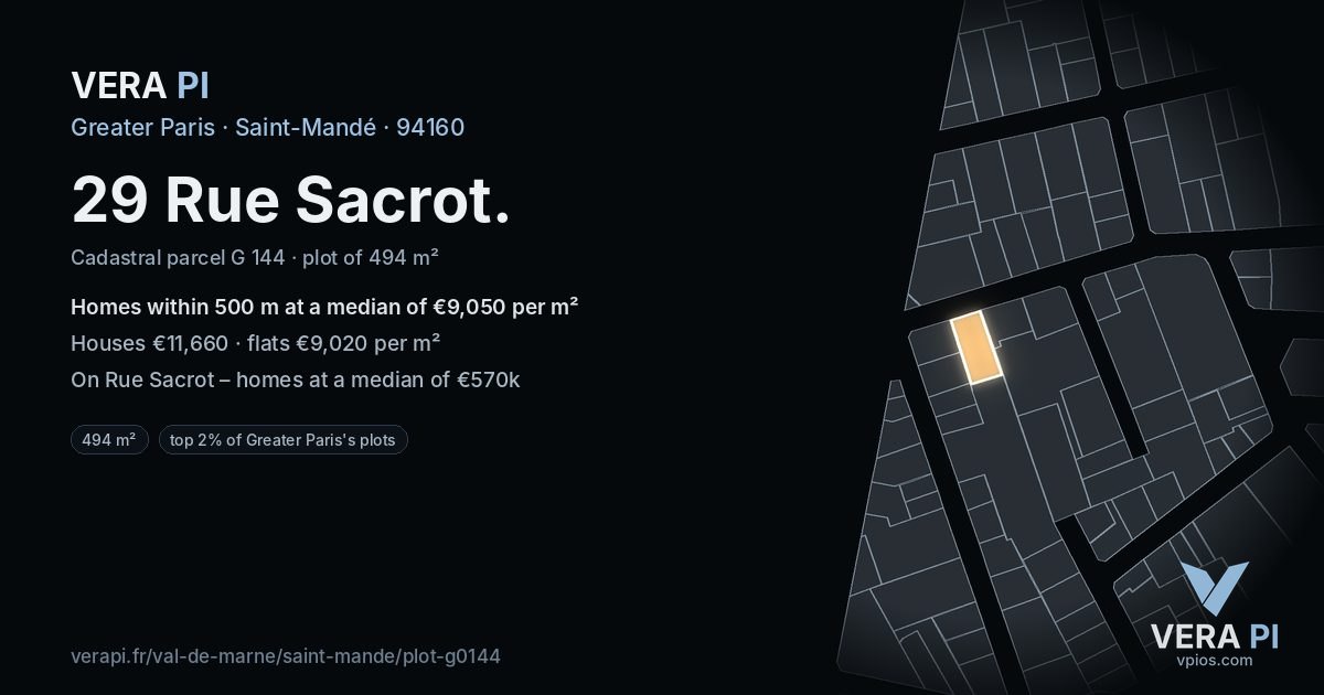 29 Rue Sacrot, Saint-Mandé at night – the plot lit, the parcels around coloured by the prices near them