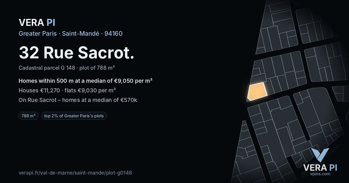 32 Rue Sacrot, Saint-Mandé at night – the plot lit, the parcels around coloured by the prices near them
