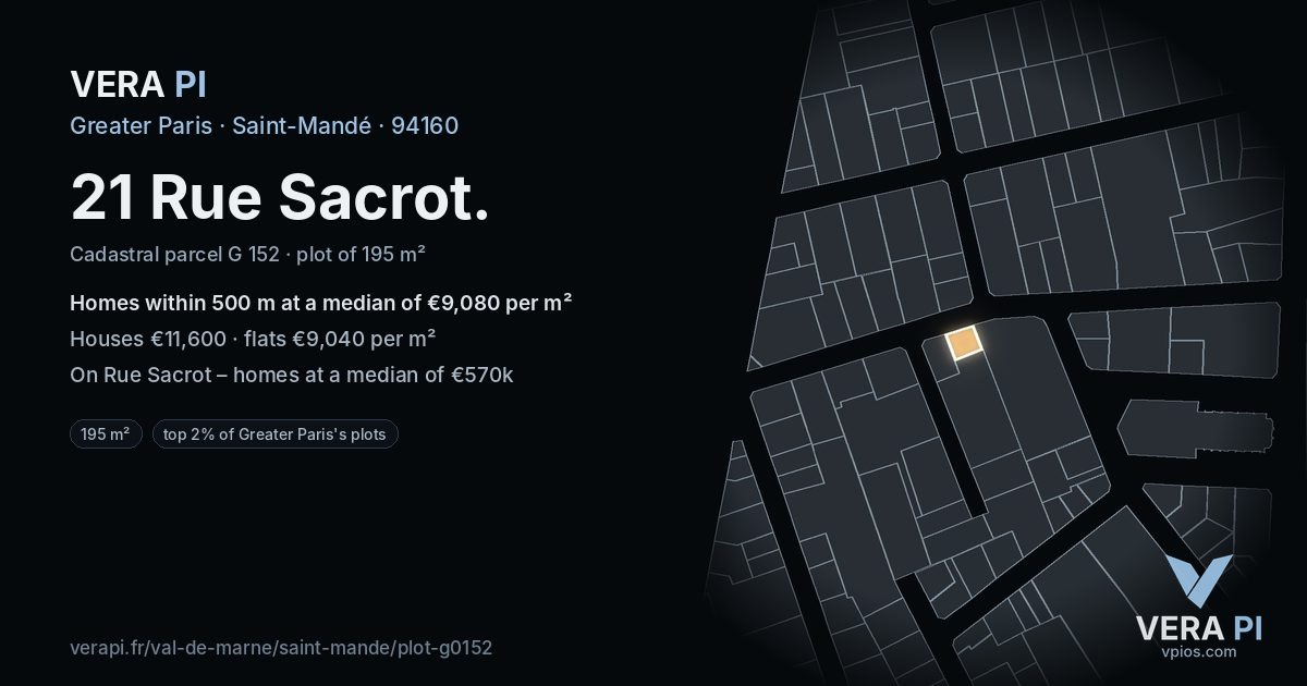 21 Rue Sacrot, Saint-Mandé at night – the plot lit, the parcels around coloured by the prices near them