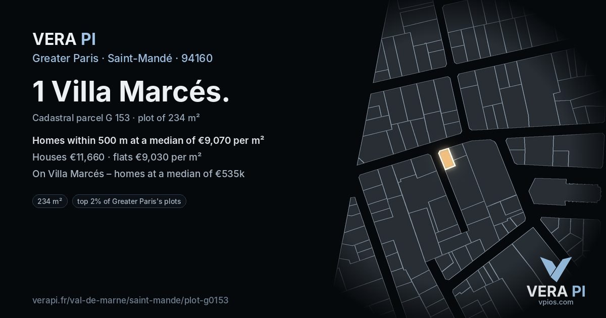 1 Villa Marcés, Saint-Mandé at night – the plot lit, the parcels around coloured by the prices near them