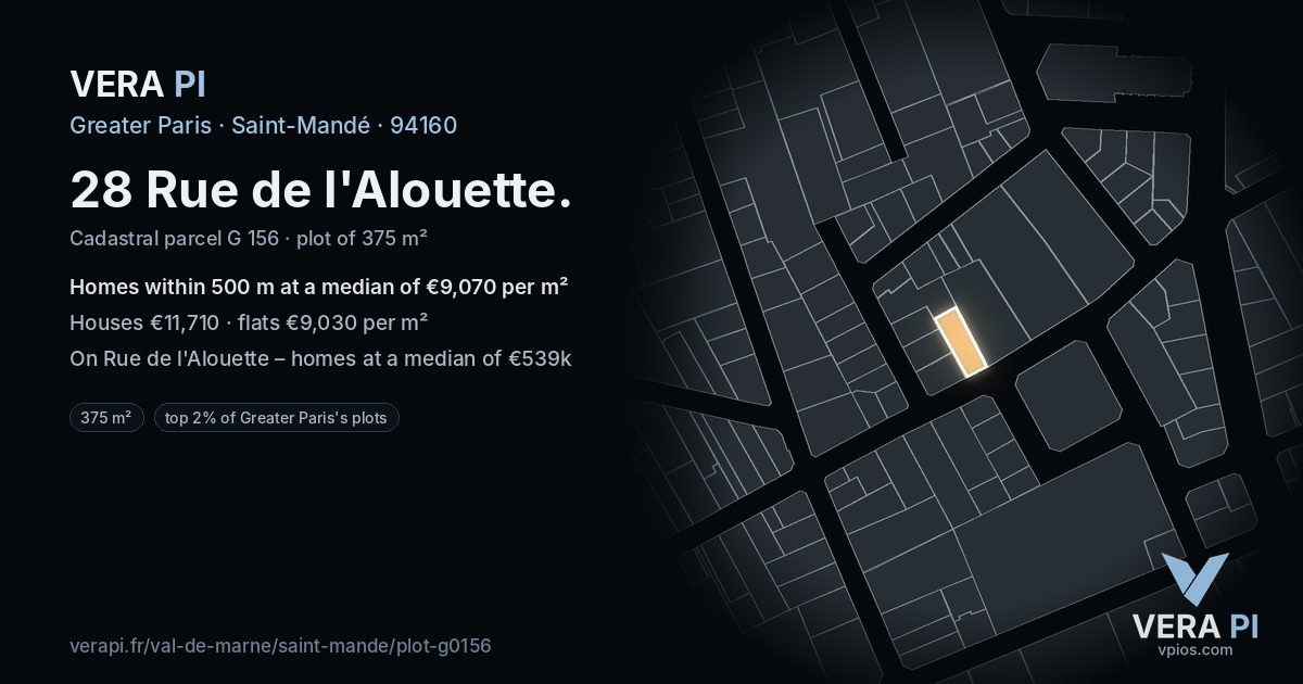 28 Rue de l'Alouette, Saint-Mandé at night – the plot lit, the parcels around coloured by the prices near them