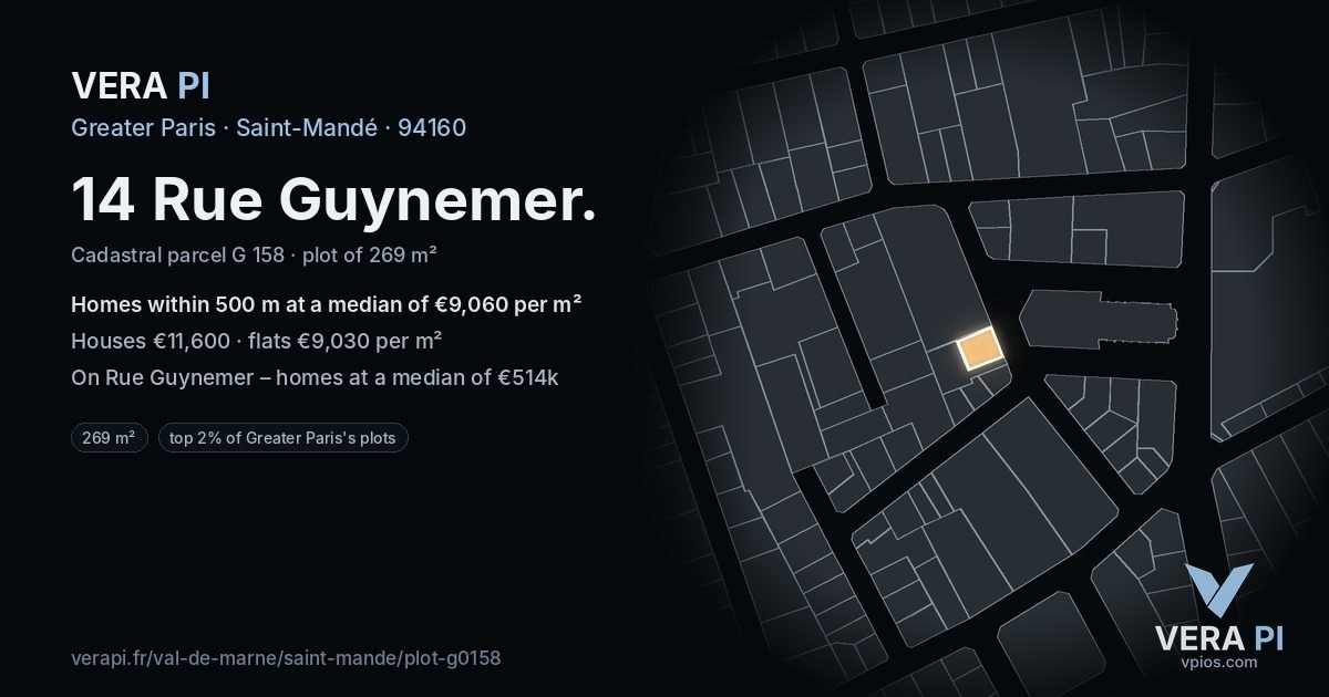 14 Rue Guynemer, Saint-Mandé at night – the plot lit, the parcels around coloured by the prices near them