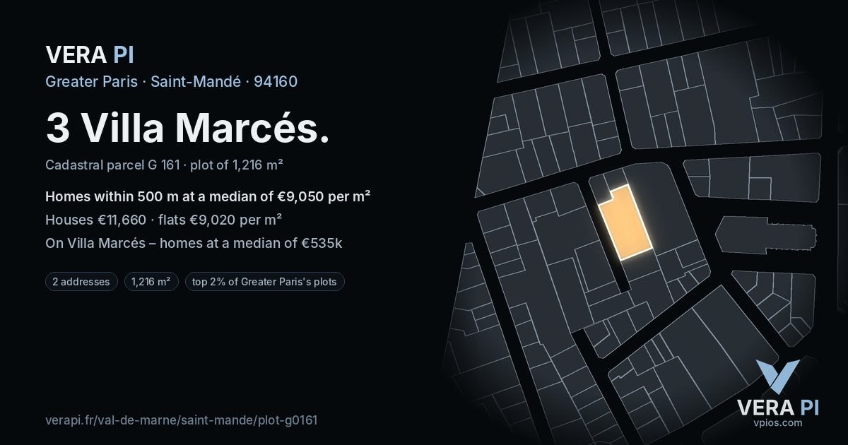3 Villa Marcés, Saint-Mandé at night – the plot lit, the parcels around coloured by the prices near them