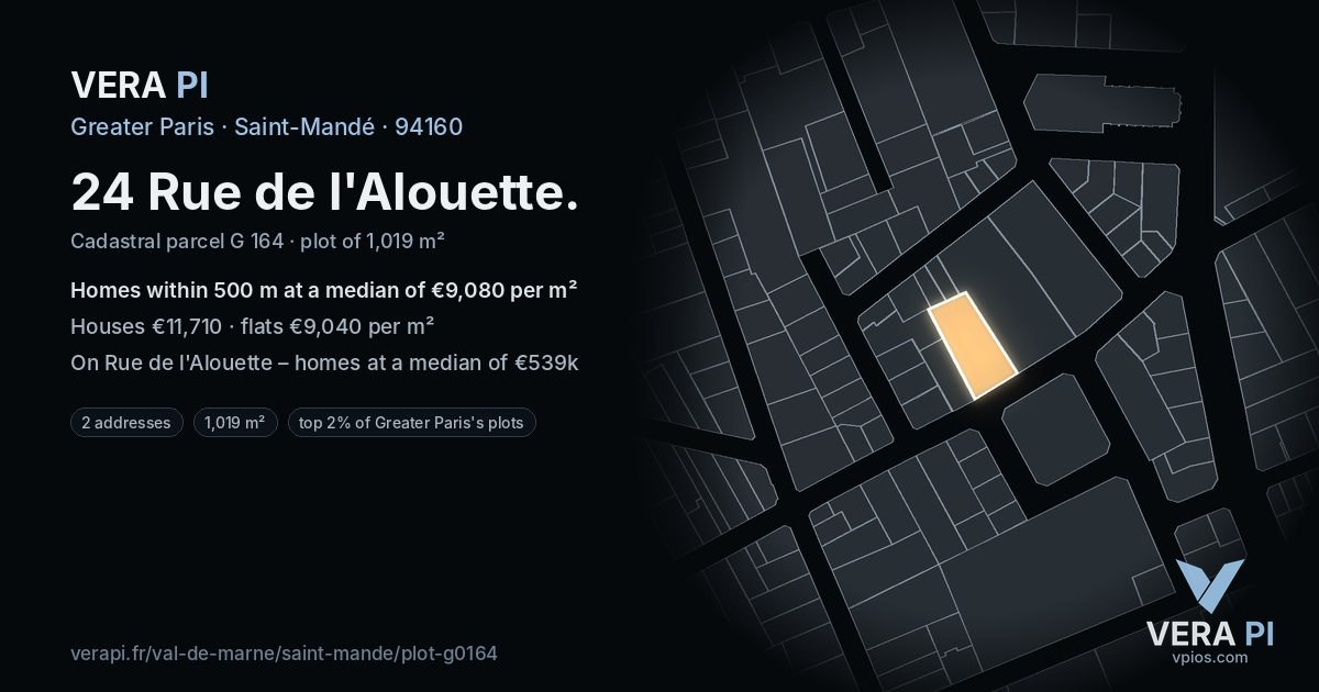 24 Rue de l'Alouette, Saint-Mandé at night – the plot lit, the parcels around coloured by the prices near them