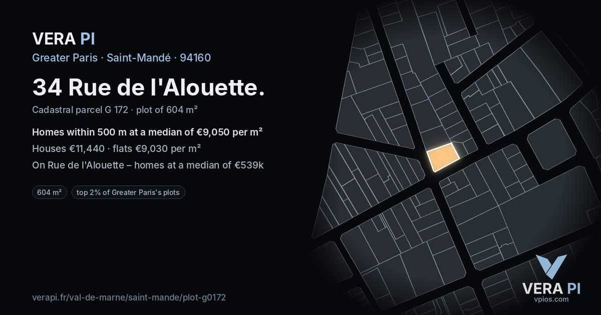 34 Rue de l'Alouette, Saint-Mandé at night – the plot lit, the parcels around coloured by the prices near them