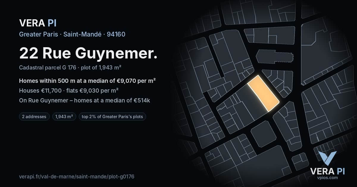 22 Rue Guynemer, Saint-Mandé at night – the plot lit, the parcels around coloured by the prices near them