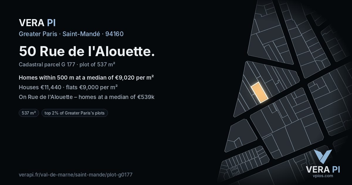 50 Rue de l'Alouette, Saint-Mandé at night – the plot lit, the parcels around coloured by the prices near them