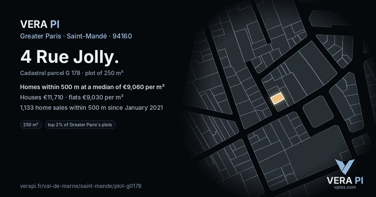 4 Rue Jolly, Saint-Mandé at night – the plot lit, the parcels around coloured by the prices near them