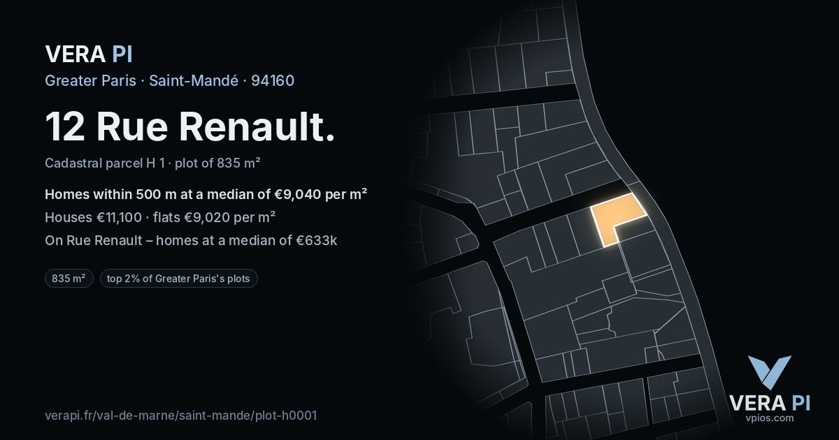 12 Rue Renault, Saint-Mandé at night – the plot lit, the parcels around coloured by the prices near them