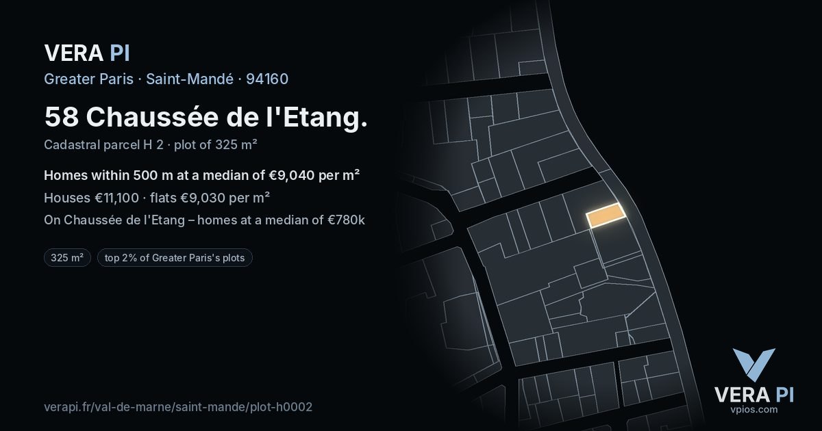 58 Chaussée de l'Etang, Saint-Mandé at night – the plot lit, the parcels around coloured by the prices near them