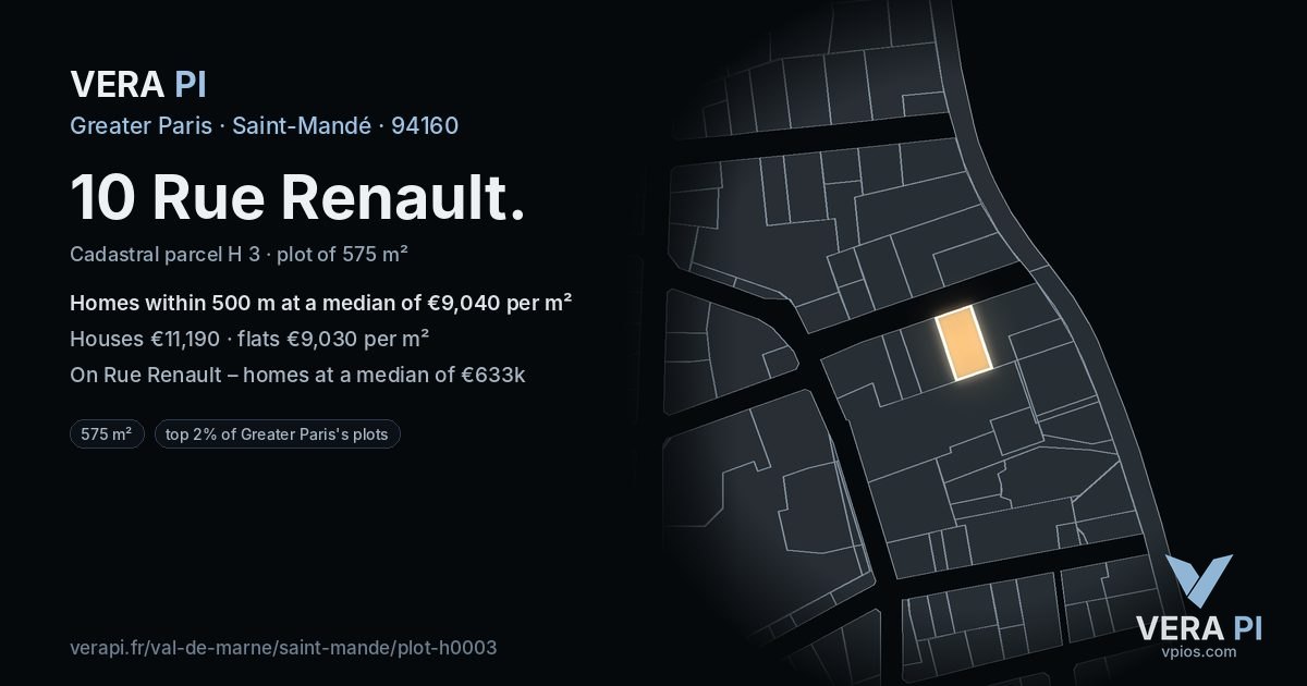 10 Rue Renault, Saint-Mandé at night – the plot lit, the parcels around coloured by the prices near them