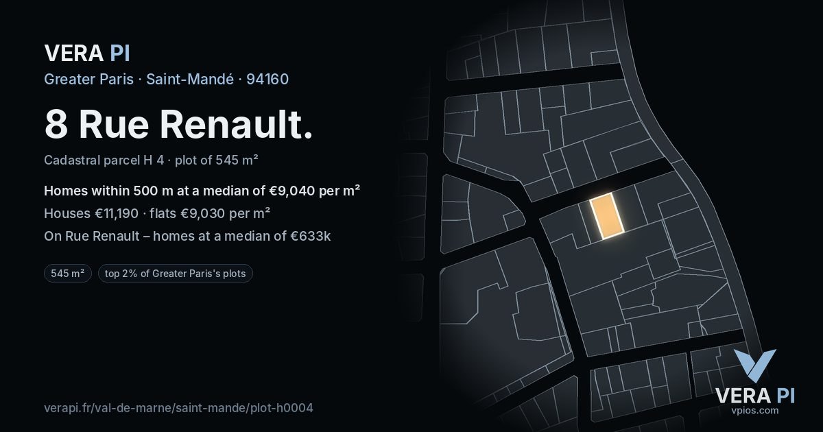 8 Rue Renault, Saint-Mandé at night – the plot lit, the parcels around coloured by the prices near them