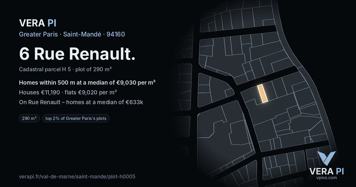 6 Rue Renault, Saint-Mandé at night – the plot lit, the parcels around coloured by the prices near them