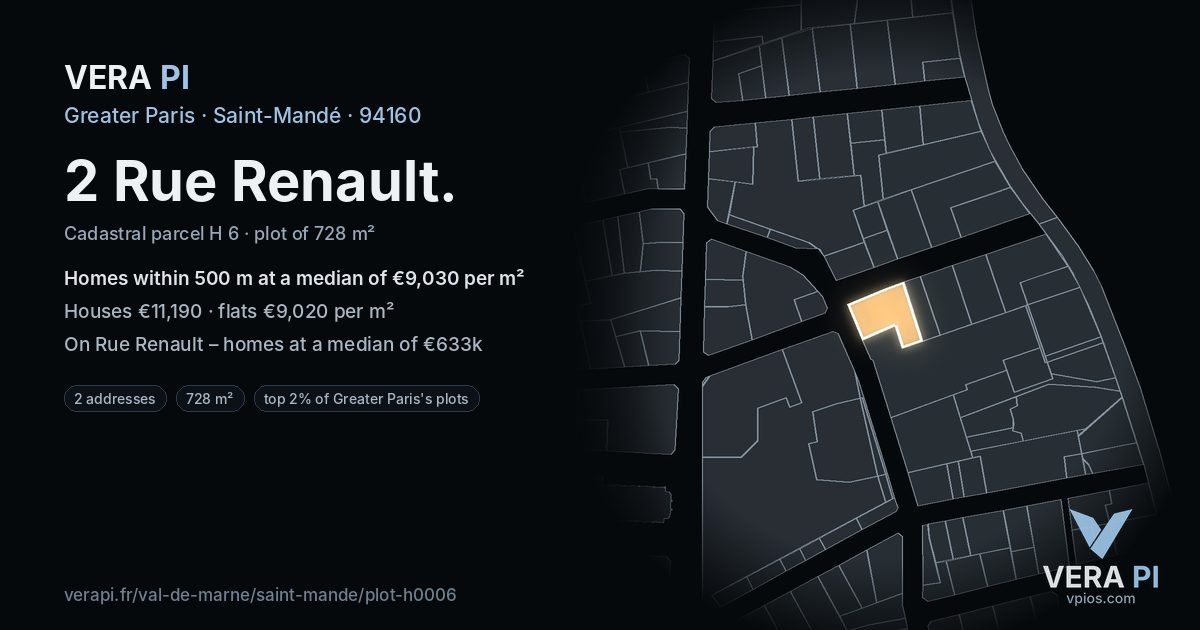 2 Rue Renault, Saint-Mandé at night – the plot lit, the parcels around coloured by the prices near them