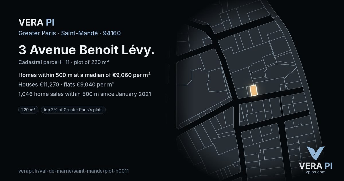 3 Avenue Benoit Lévy, Saint-Mandé at night – the plot lit, the parcels around coloured by the prices near them