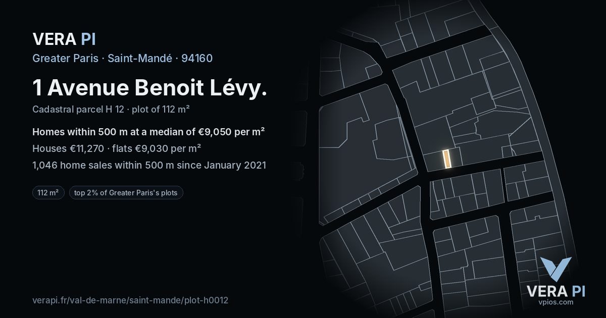 1 Avenue Benoit Lévy, Saint-Mandé at night – the plot lit, the parcels around coloured by the prices near them