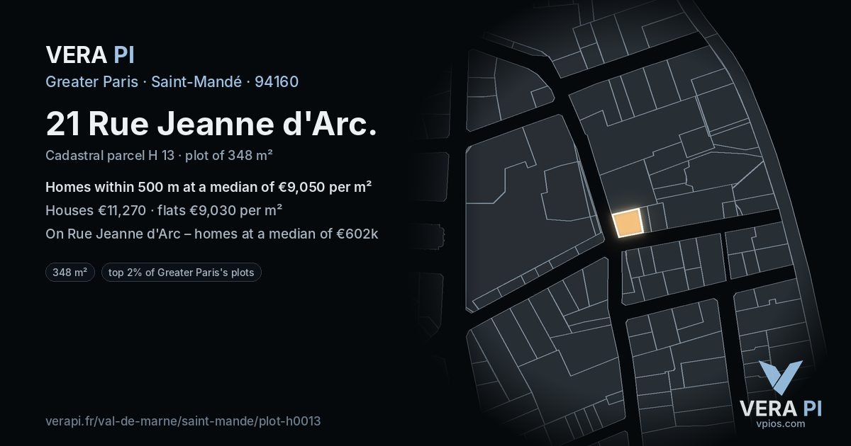 21 Rue Jeanne d'Arc, Saint-Mandé at night – the plot lit, the parcels around coloured by the prices near them