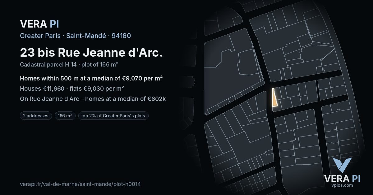 23 bis Rue Jeanne d'Arc, Saint-Mandé at night – the plot lit, the parcels around coloured by the prices near them