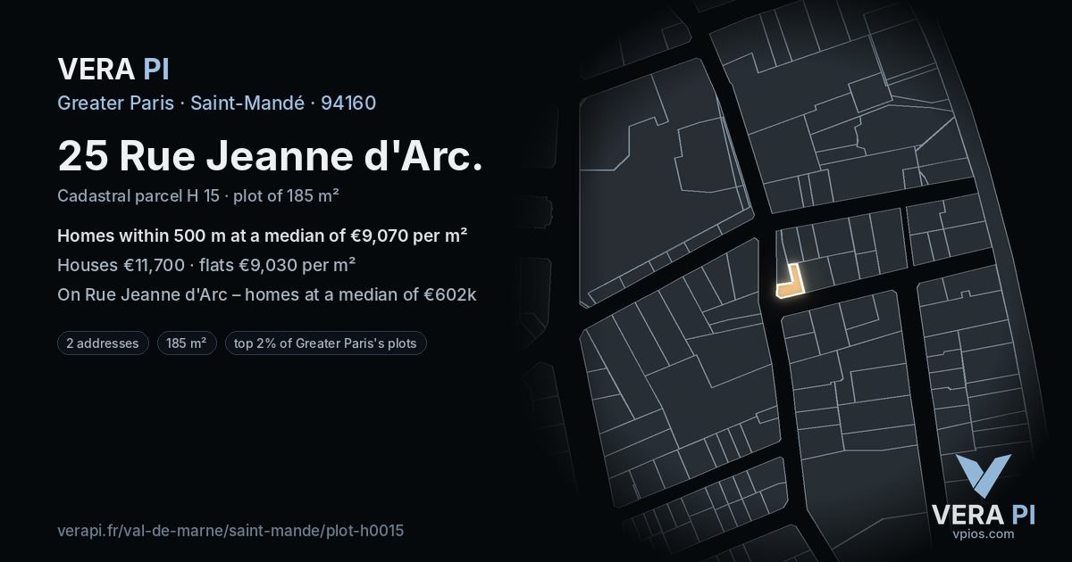 25 Rue Jeanne d'Arc, Saint-Mandé at night – the plot lit, the parcels around coloured by the prices near them