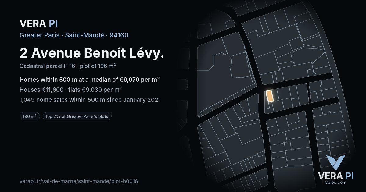 2 Avenue Benoit Lévy, Saint-Mandé at night – the plot lit, the parcels around coloured by the prices near them